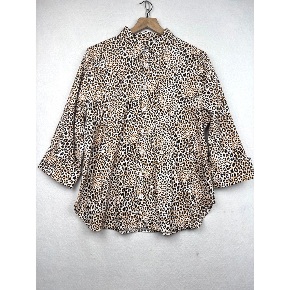 Chicos Blouse Womens 2 L 12 Leopard Print 3/4 Sleeve Button Front